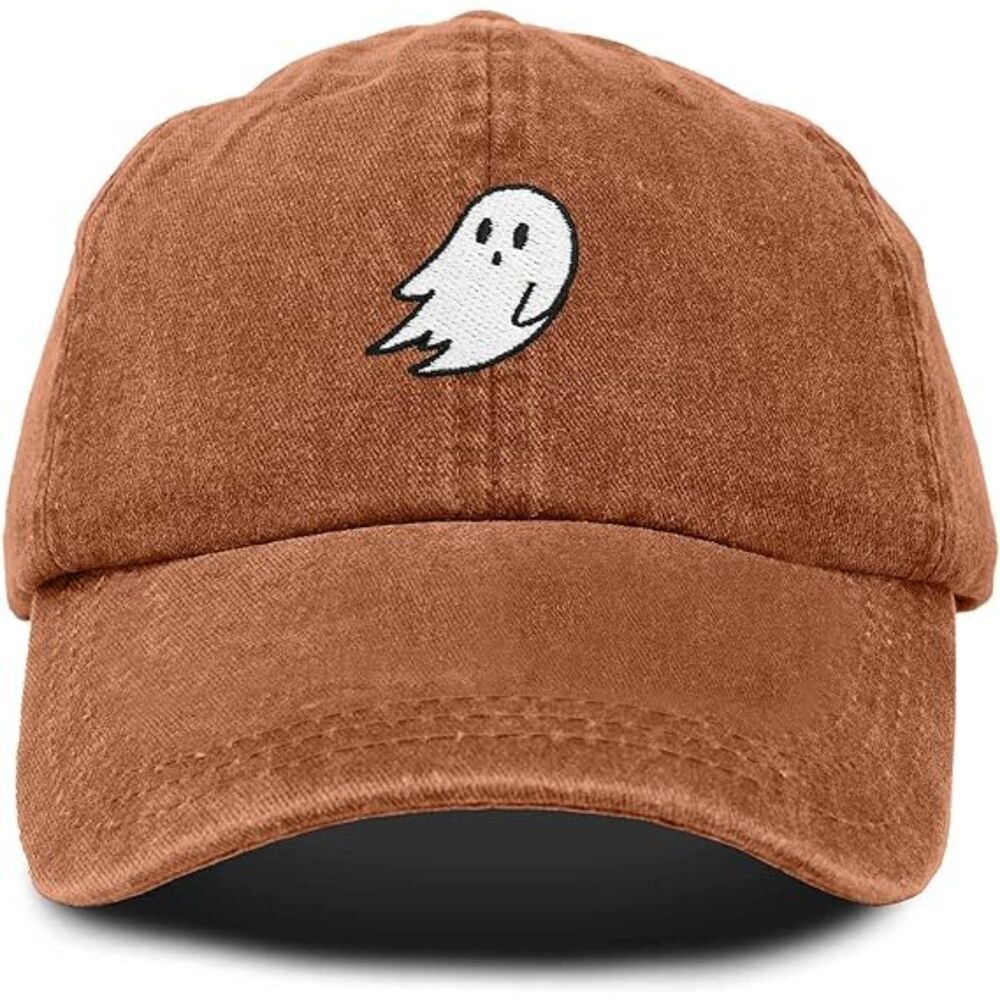 Unisex Washed Orange 100%Cotton Ghost Embroidered Adjustable Buckle Baseball Cap